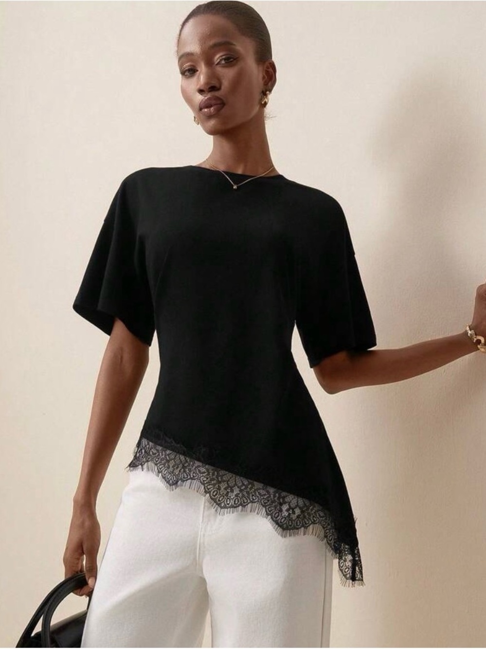 Women’s Black Lace-Hem Short Sleeve Top